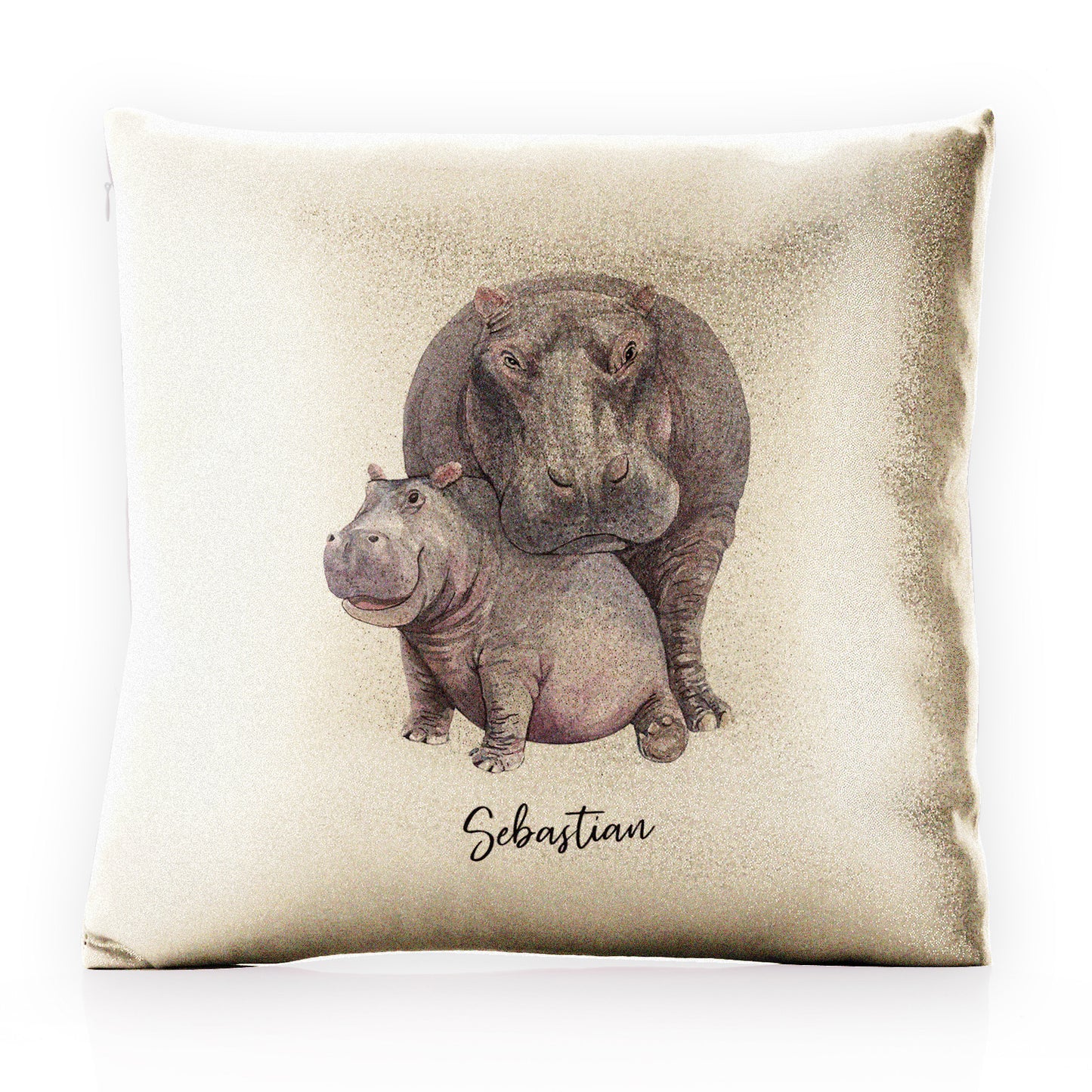Personalised Glitter Cushion with Welcoming Text and Embracing Mum and Baby Hippos