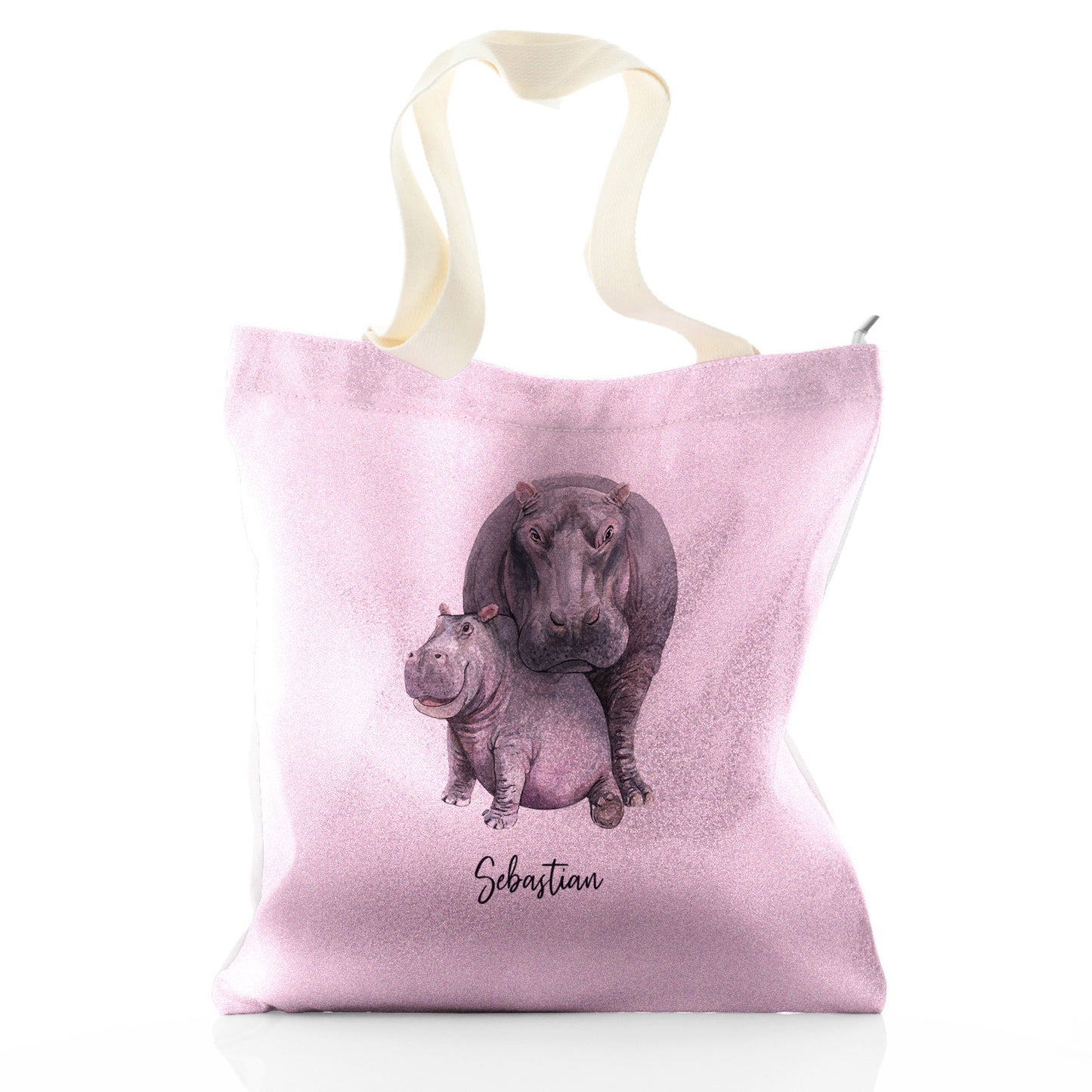 Personalisierte Glitzer-Einkaufstasche mit Begrüßungstext und umarmenden Nilpferden für Mama und Baby