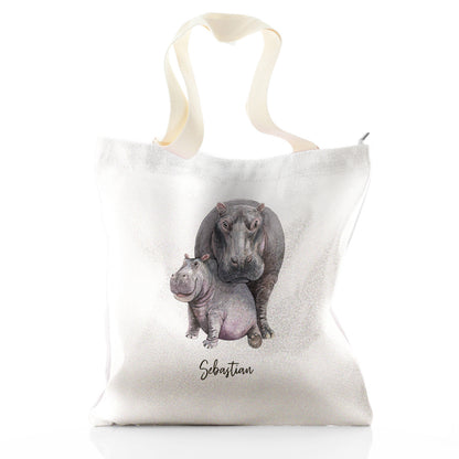 Personalised Glitter Tote Bag with Welcoming Text and Embracing Mum and Baby Hippos