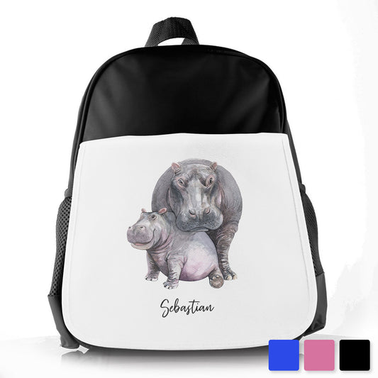 Personalised School Bag/Rucksack with Welcoming Text and Embracing Mum and Baby Hippos