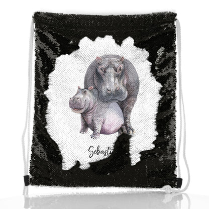 Personalisierter Pailletten-Rucksack mit Kordelzug, mit Begrüßungstext und umarmenden Nilpferden für Mama und Baby