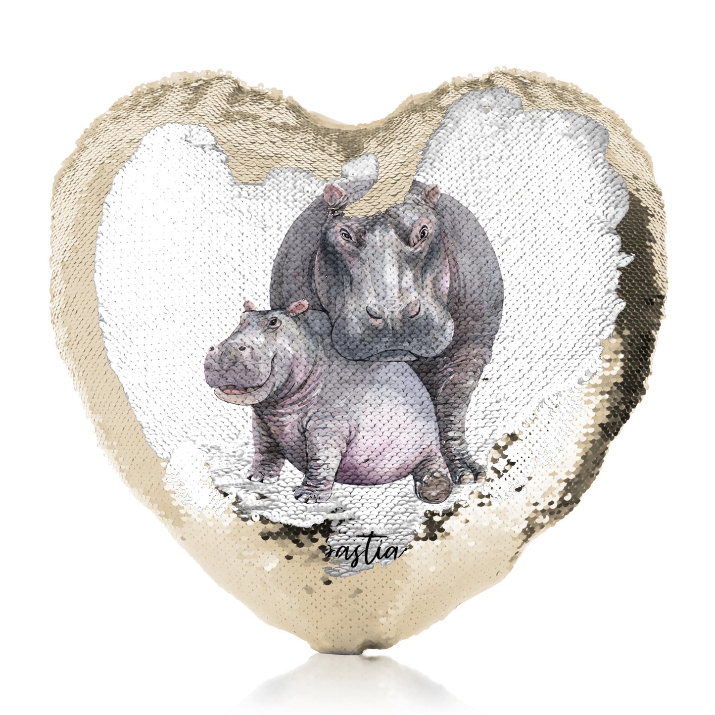 Personalisiertes Pailletten-Herzkissen mit Begrüßungstext und umarmender Mutter und ihrem Baby-Flusspferd