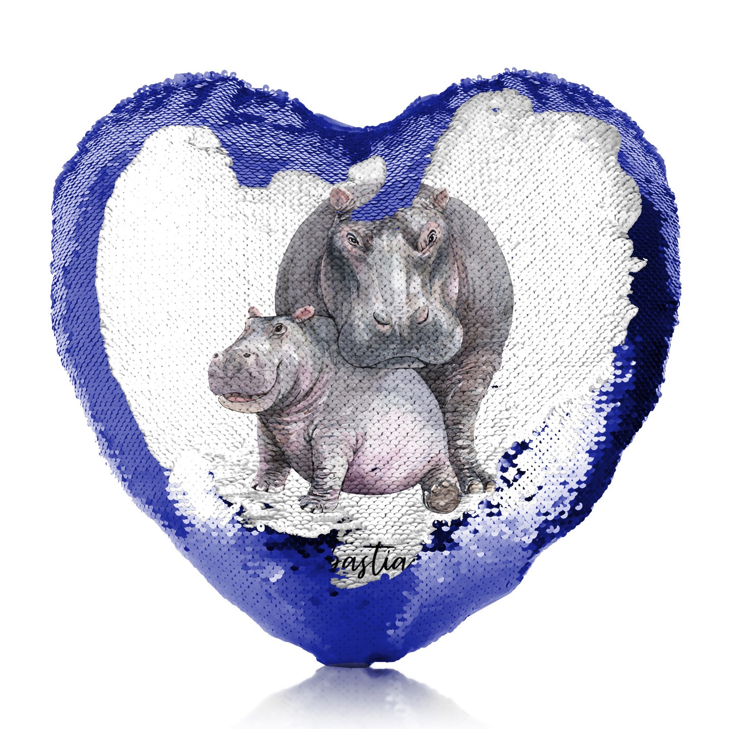 Personalisiertes Pailletten-Herzkissen mit Begrüßungstext und umarmender Mutter und ihrem Baby-Flusspferd