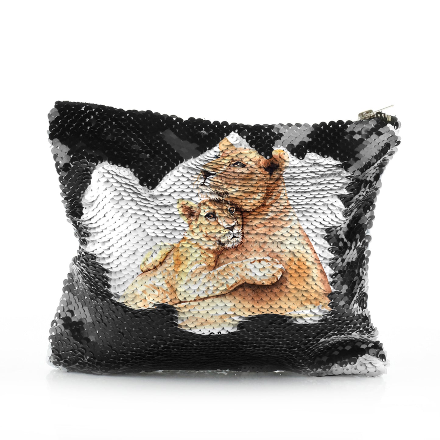Personalisierte Pailletten-Reißverschlusstasche mit Begrüßungstext und umarmenden Löwenbabys