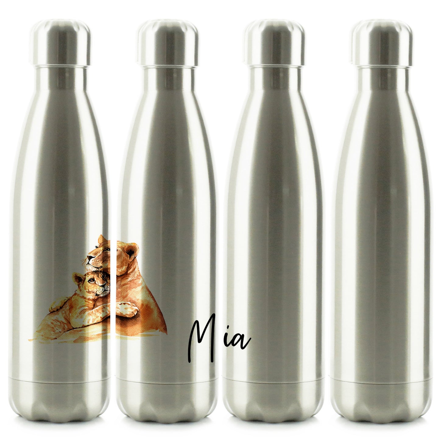 Personalisierte Cola-Flasche mit Begrüßungstext und umarmenden Löwenbabys
