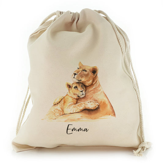 Personalised Canvas Sack with Welcoming Text and Embracing Mum and Baby Lions