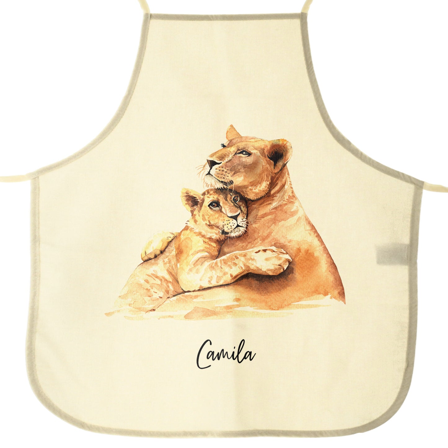 Personalisierte Schürze mit Begrüßungstext und umarmenden Löwenbabys für Mama und Baby