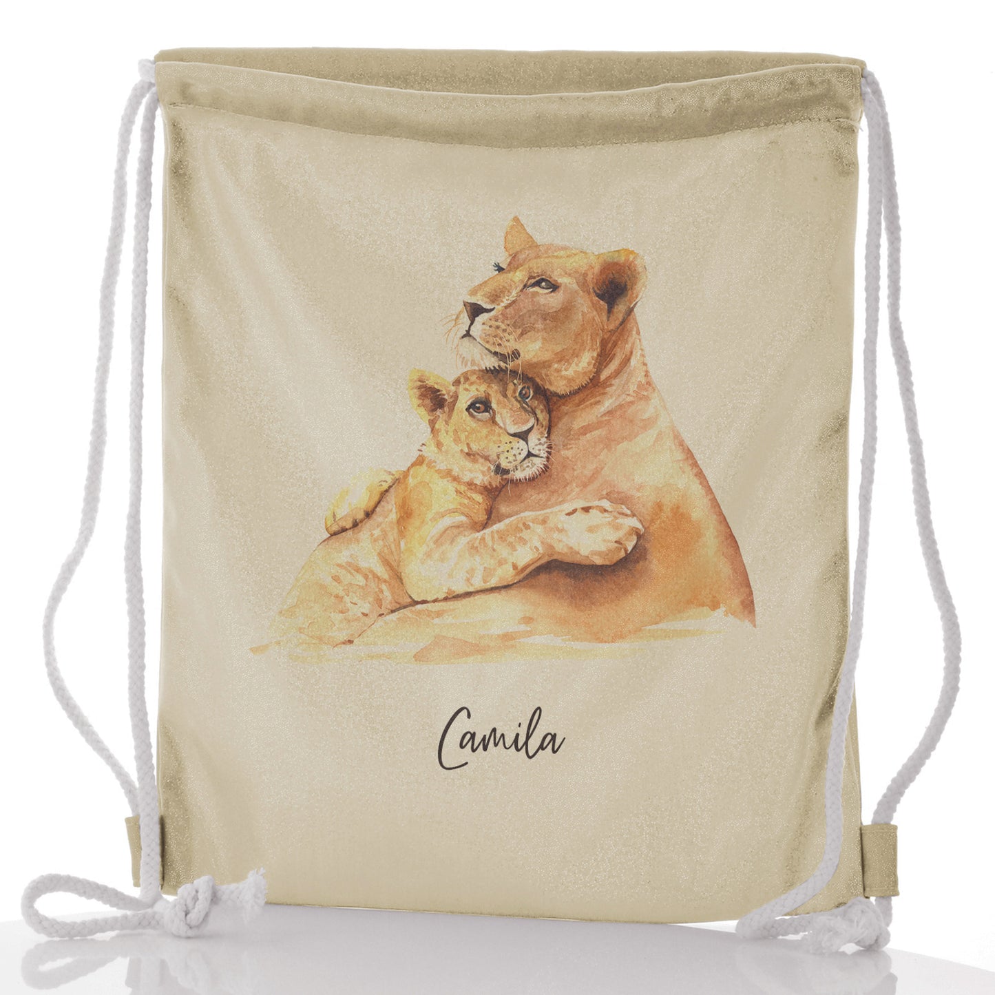 Personalised Glitter Drawstring Backpack with Welcoming Text and Embracing Mum and Baby Lions