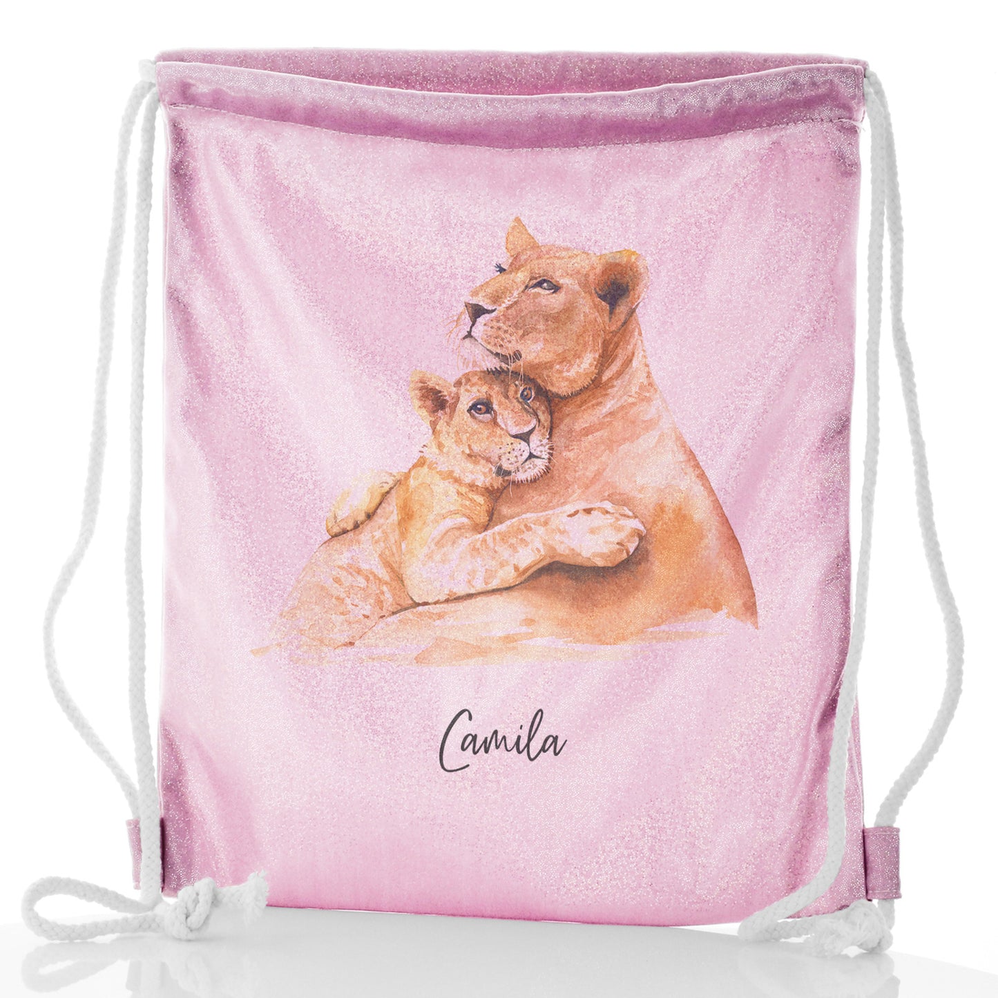 Personalised Glitter Drawstring Backpack with Welcoming Text and Embracing Mum and Baby Lions