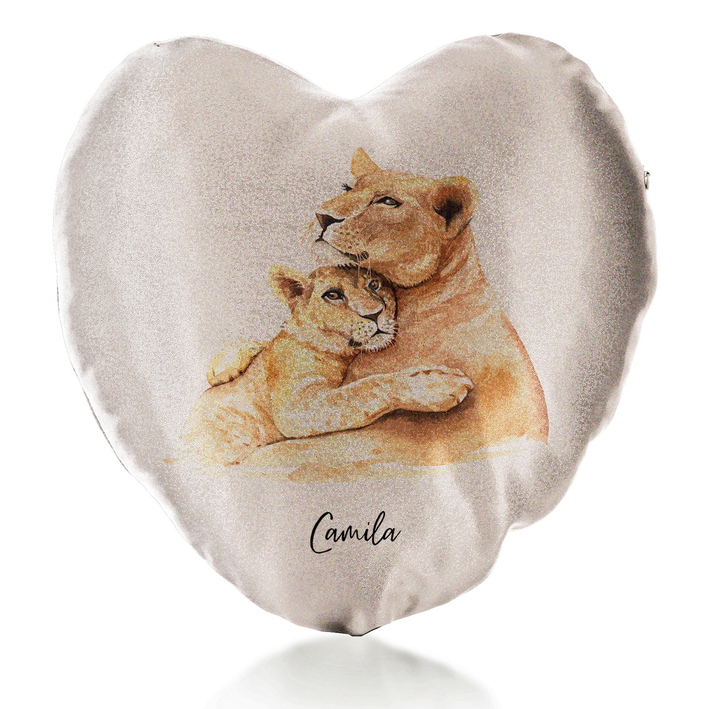Personalised Glitter Heart Cushion with Welcoming Text and Embracing Mum and Baby Lions