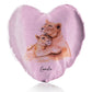 Personalised Glitter Heart Cushion with Welcoming Text and Embracing Mum and Baby Lions