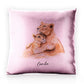 Personalised Glitter Cushion with Welcoming Text and Embracing Mum and Baby Lions