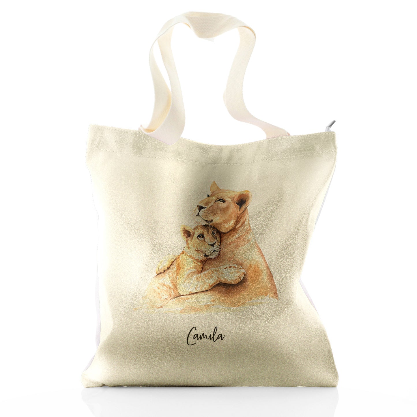 Personalisierte Glitzer-Einkaufstasche mit Begrüßungstext und umarmenden Löwenbabys