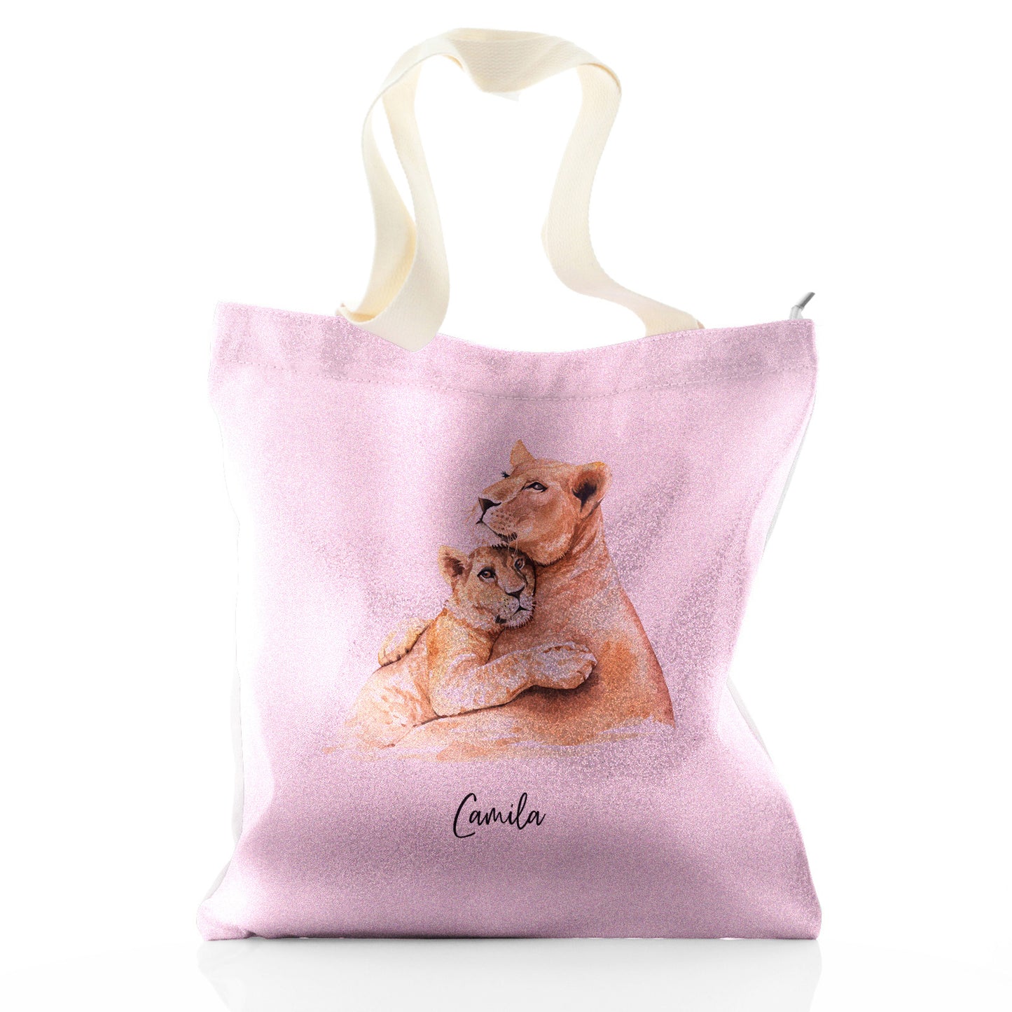 Personalisierte Glitzer-Einkaufstasche mit Begrüßungstext und umarmenden Löwenbabys