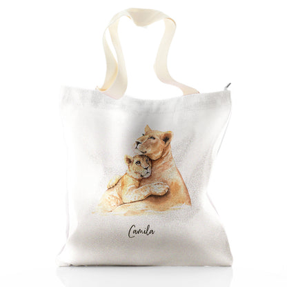 Personalised Glitter Tote Bag with Welcoming Text and Embracing Mum and Baby Lions