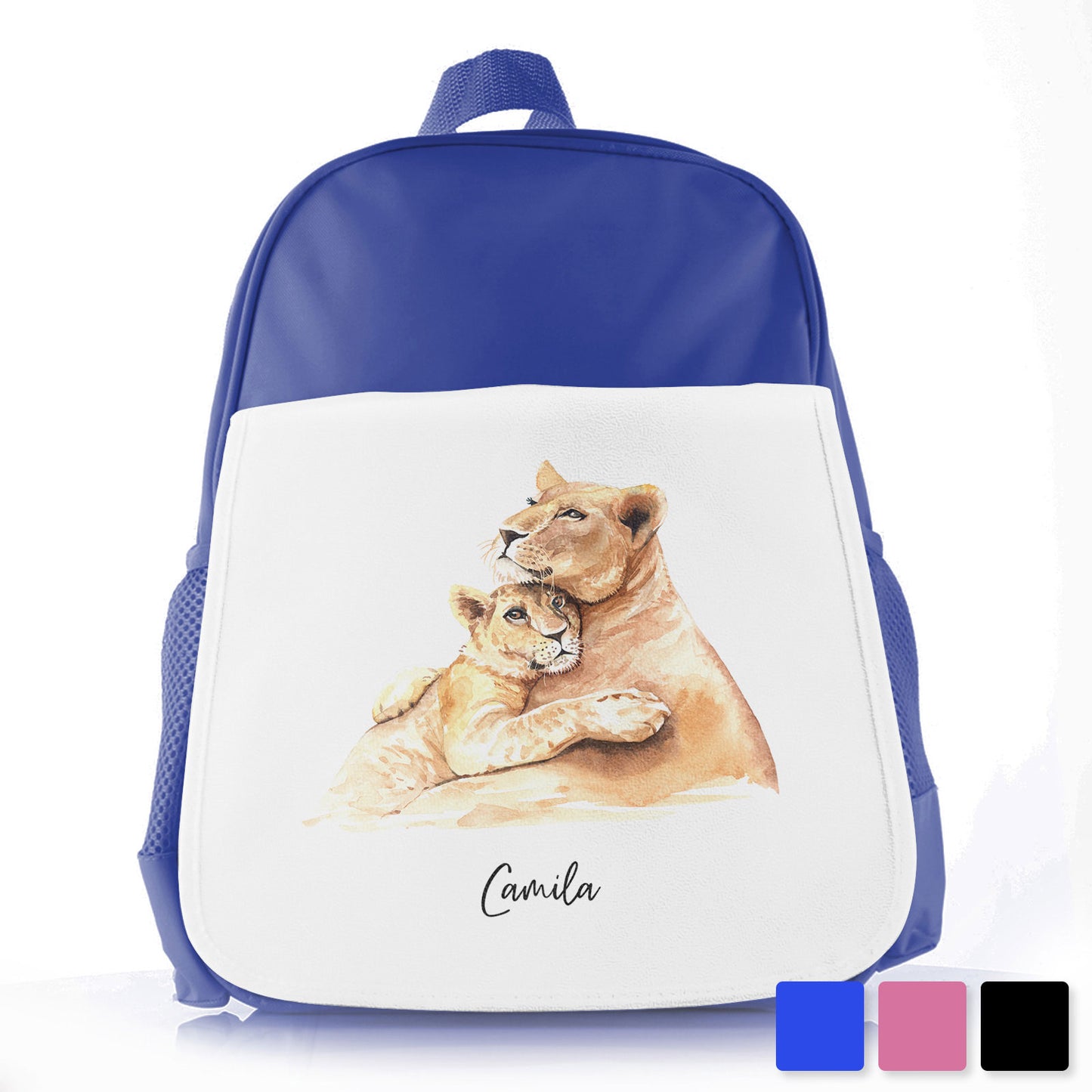 Personalised School Bag/Rucksack with Welcoming Text and Embracing Mum and Baby Lions