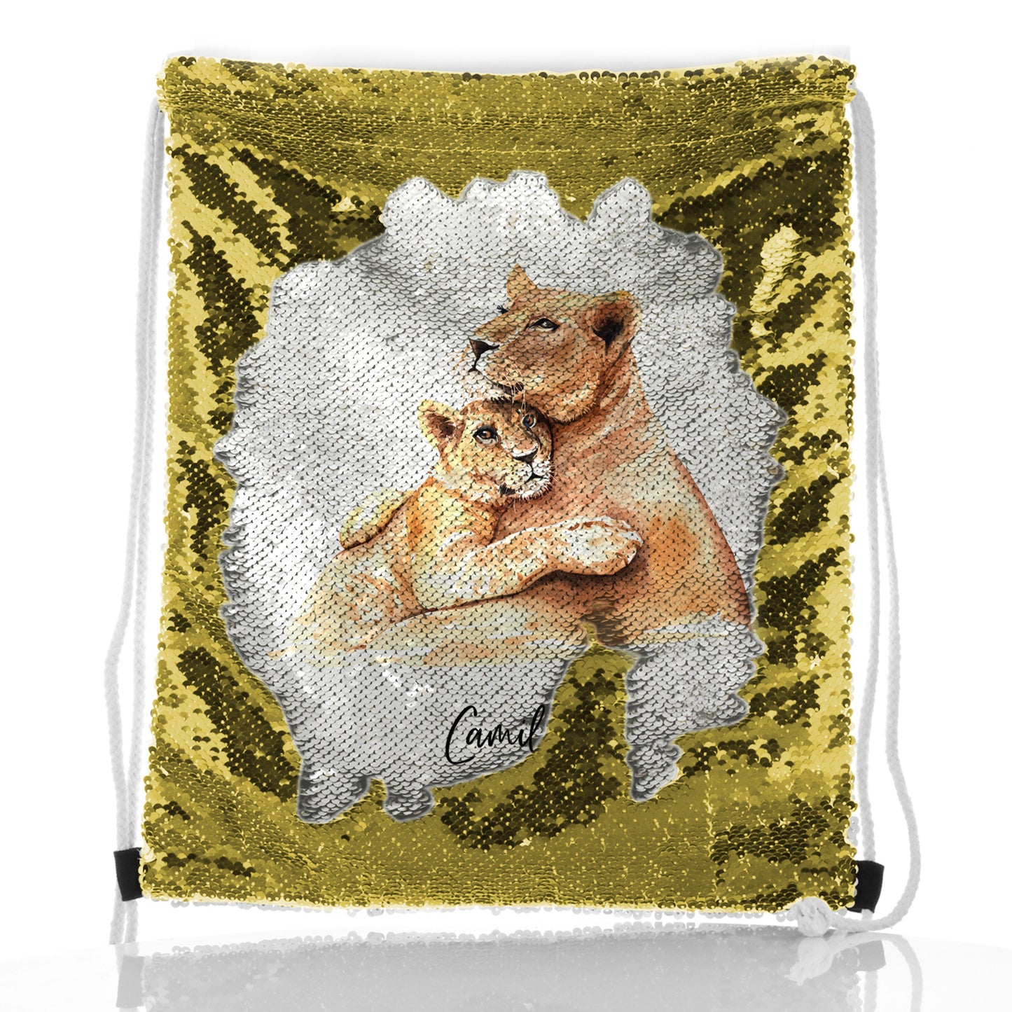 Personalisierter Pailletten-Rucksack mit Kordelzug, mit Begrüßungstext und umarmenden Löwen für Mama und Baby