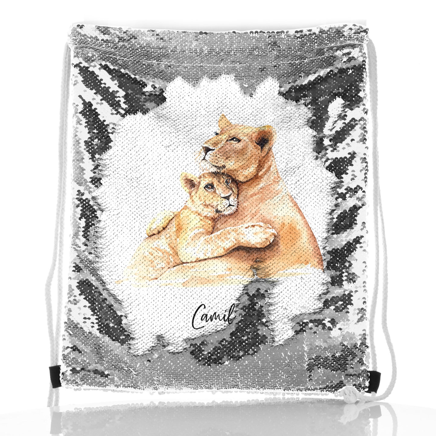 Personalised Sequin Drawstring Backpack with Welcoming Text and Embracing Mum and Baby Lions