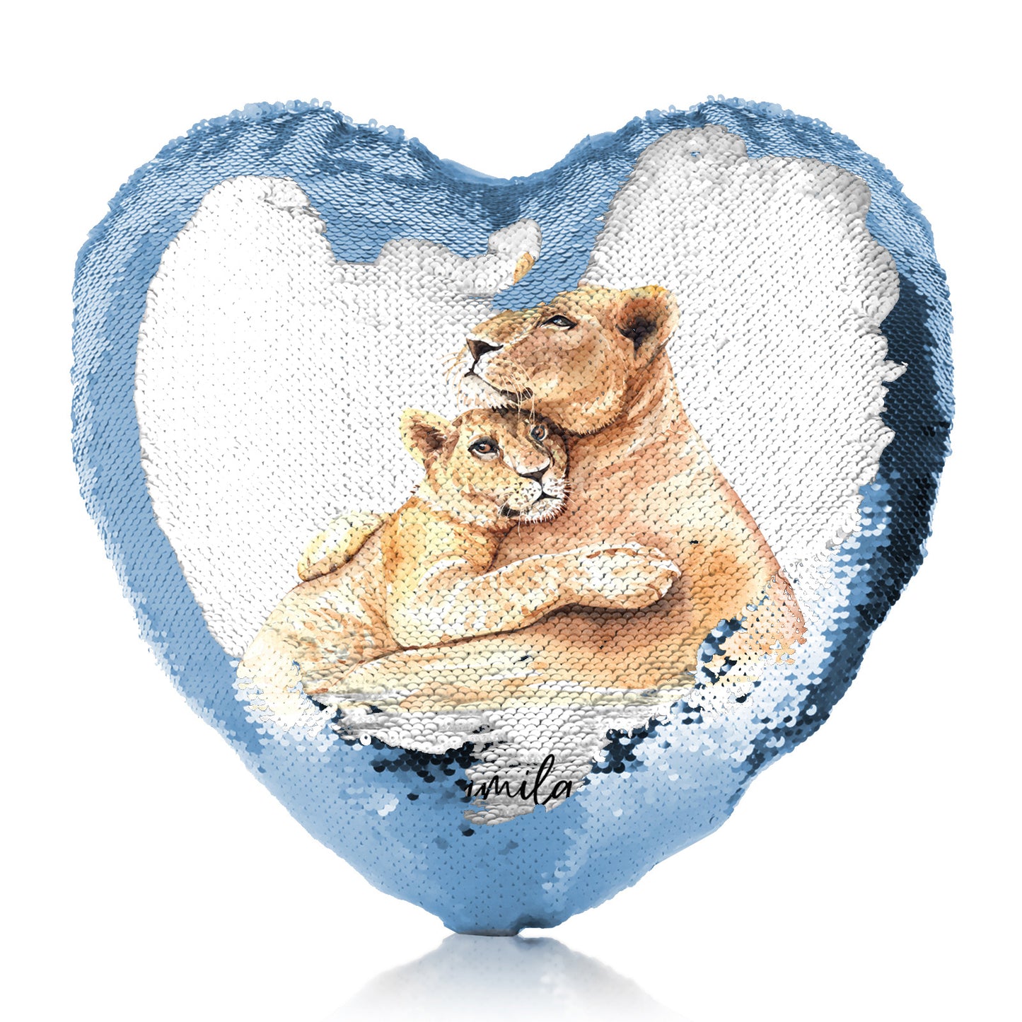 Personalised Sequin Heart Cushion with Welcoming Text and Embracing Mum and Baby Lions
