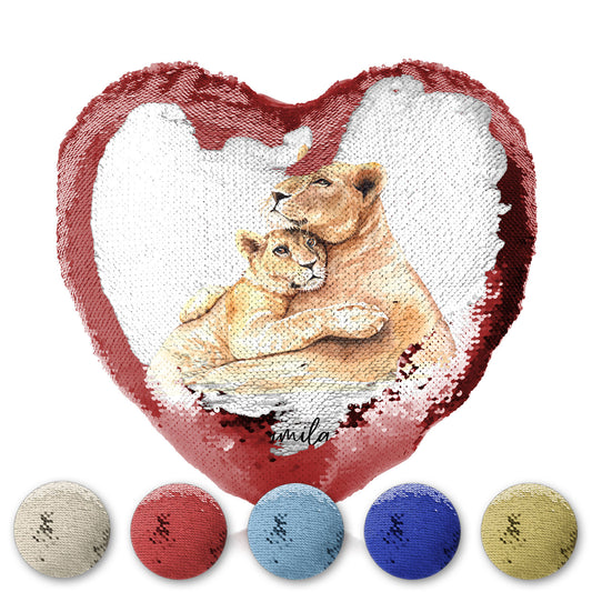Personalised Sequin Heart Cushion with Welcoming Text and Embracing Mum and Baby Lions