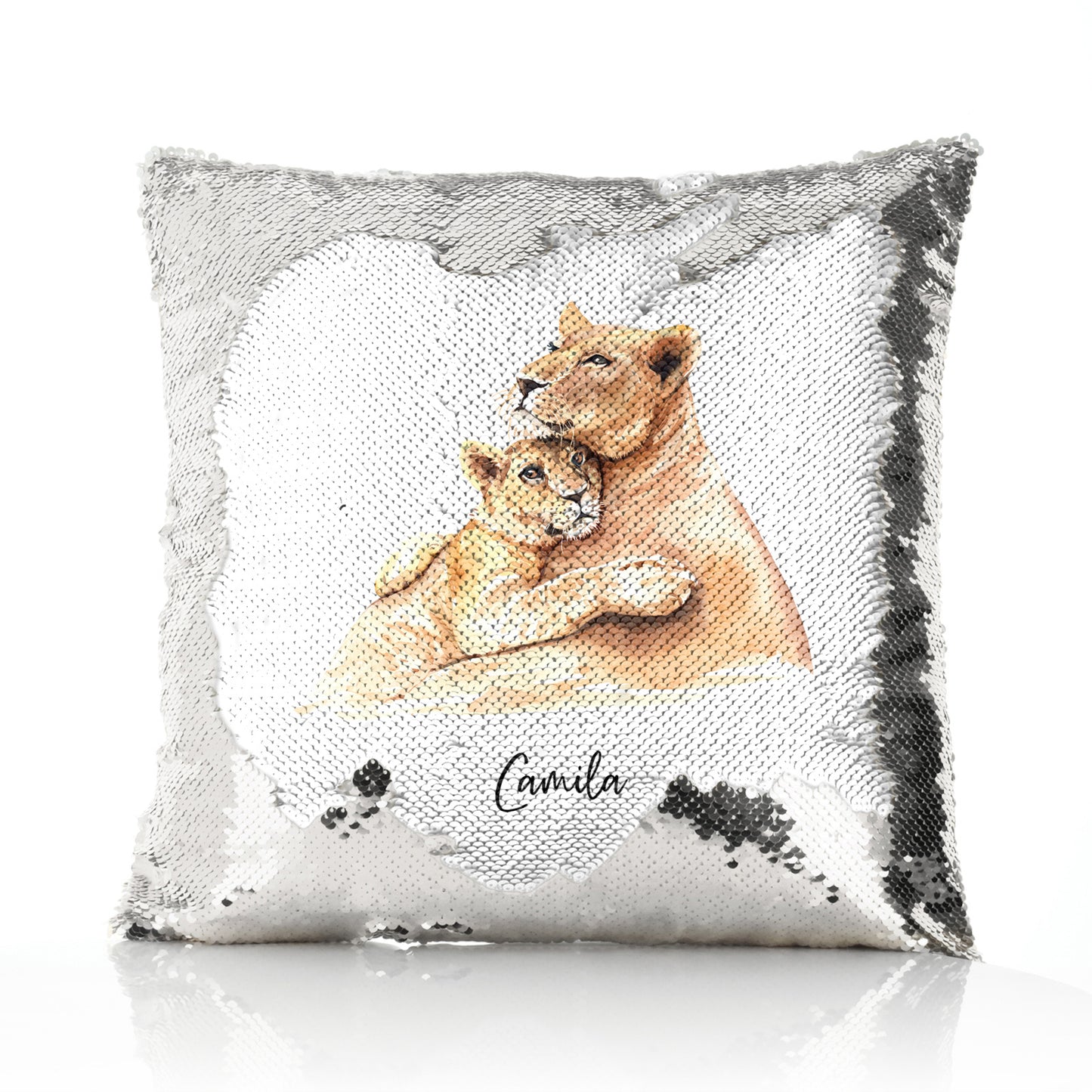 Personalised Sequin Cushion with Welcoming Text and Embracing Mum and Baby Lions