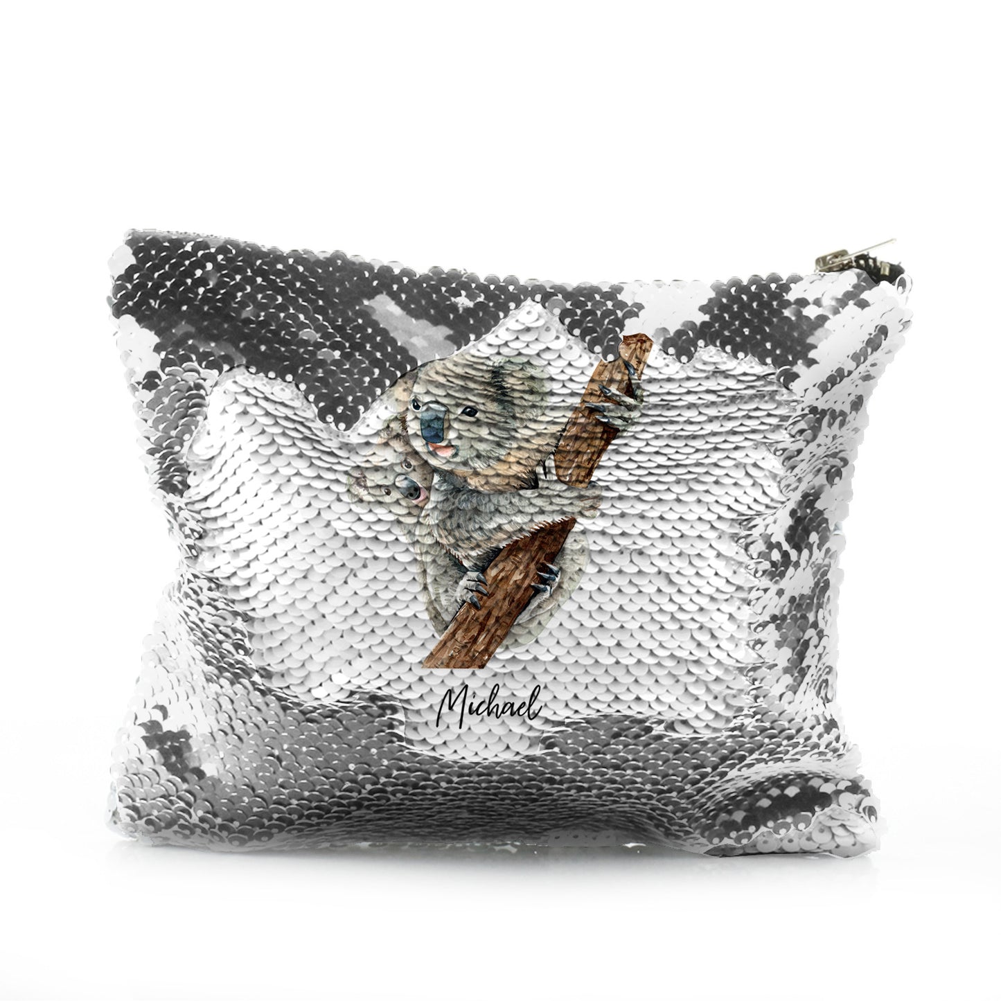 Personalised Sequin Zip Bag with Welcoming Text and Climbing Mum and Baby Koalas