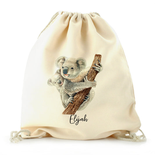 Personalised Canvas Drawstring Backpack with Welcoming Text and Climbing Mum and Baby Koalas