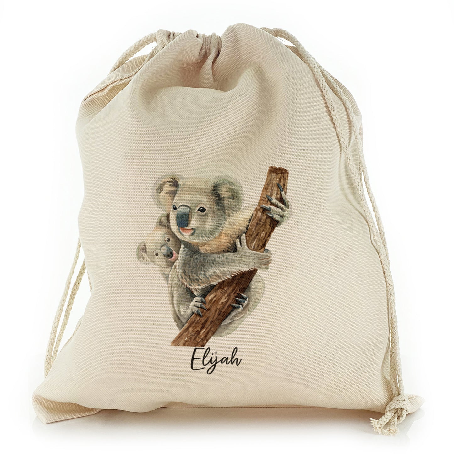Personalised Canvas Sack with Welcoming Text and Climbing Mum and Baby Koalas