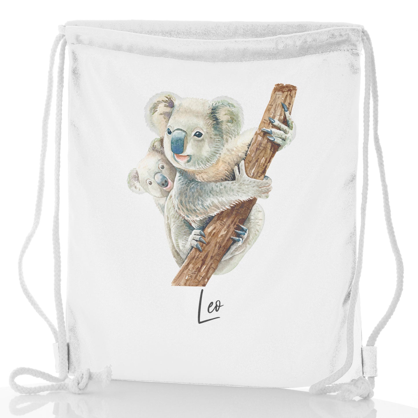 Personalisierter Glitzer-Rucksack mit Kordelzug, Begrüßungstext und kletternden Koalas für Mama und Baby