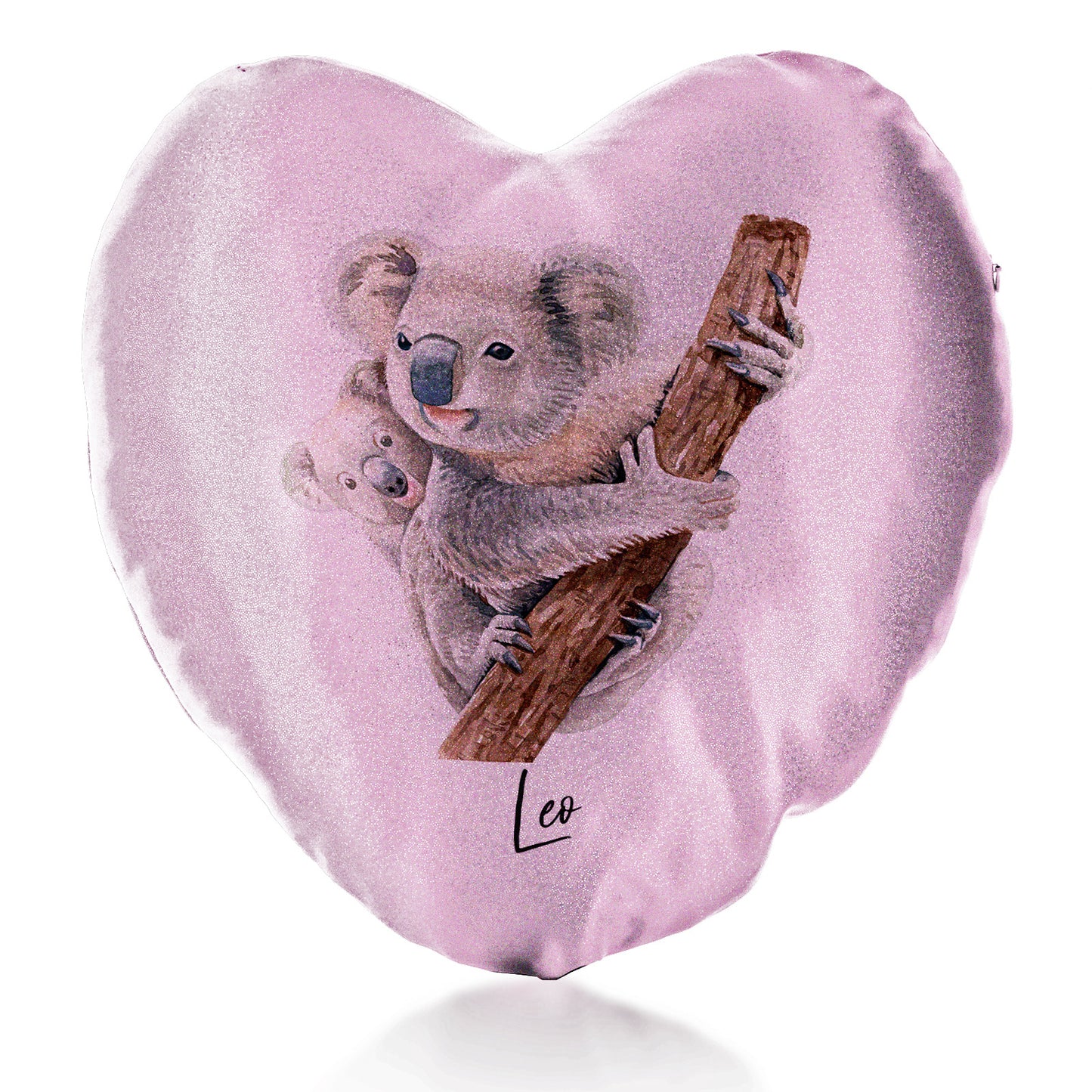 Personalised Glitter Heart Cushion with Welcoming Text and Climbing Mum and Baby Koalas