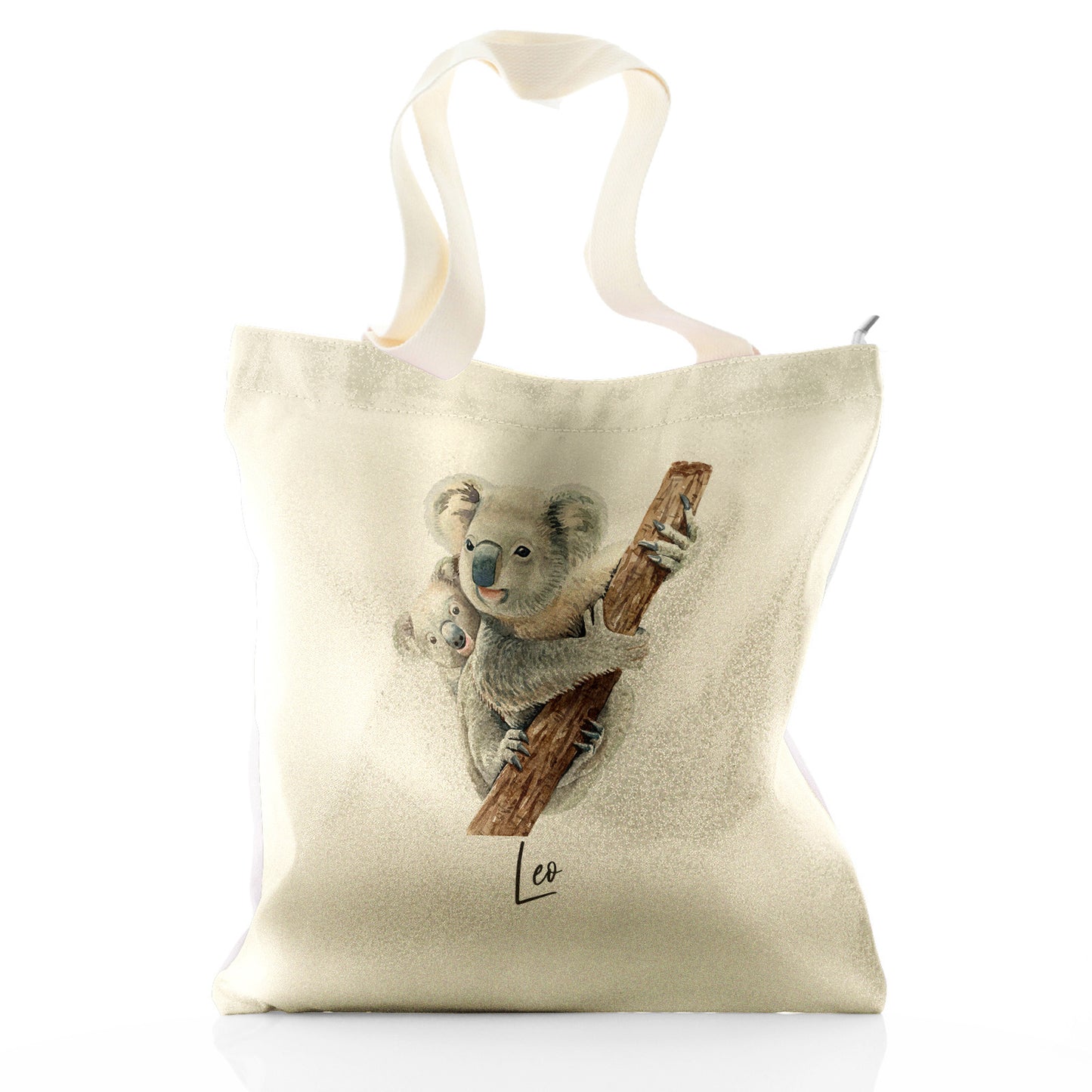 Personalisierte Glitzer-Einkaufstasche mit Begrüßungstext und kletternden Koalas für Mama und Baby
