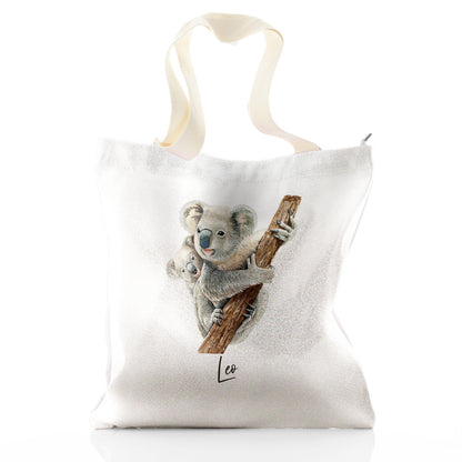 Personalisierte Glitzer-Einkaufstasche mit Begrüßungstext und kletternden Koalas für Mama und Baby