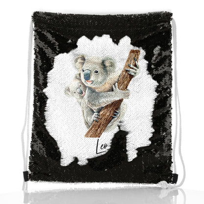 Personalised Sequin Drawstring Backpack with Welcoming Text and Climbing Mum and Baby Koalas