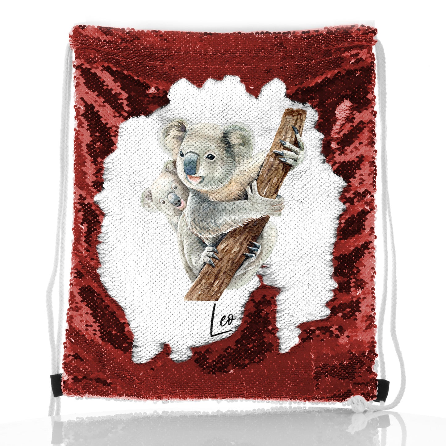 Personalised Sequin Drawstring Backpack with Welcoming Text and Climbing Mum and Baby Koalas
