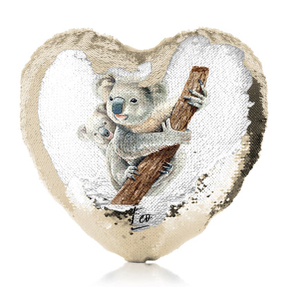 Personalisiertes Pailletten-Herzkissen mit Begrüßungstext und kletternden Mama- und Baby-Koalas
