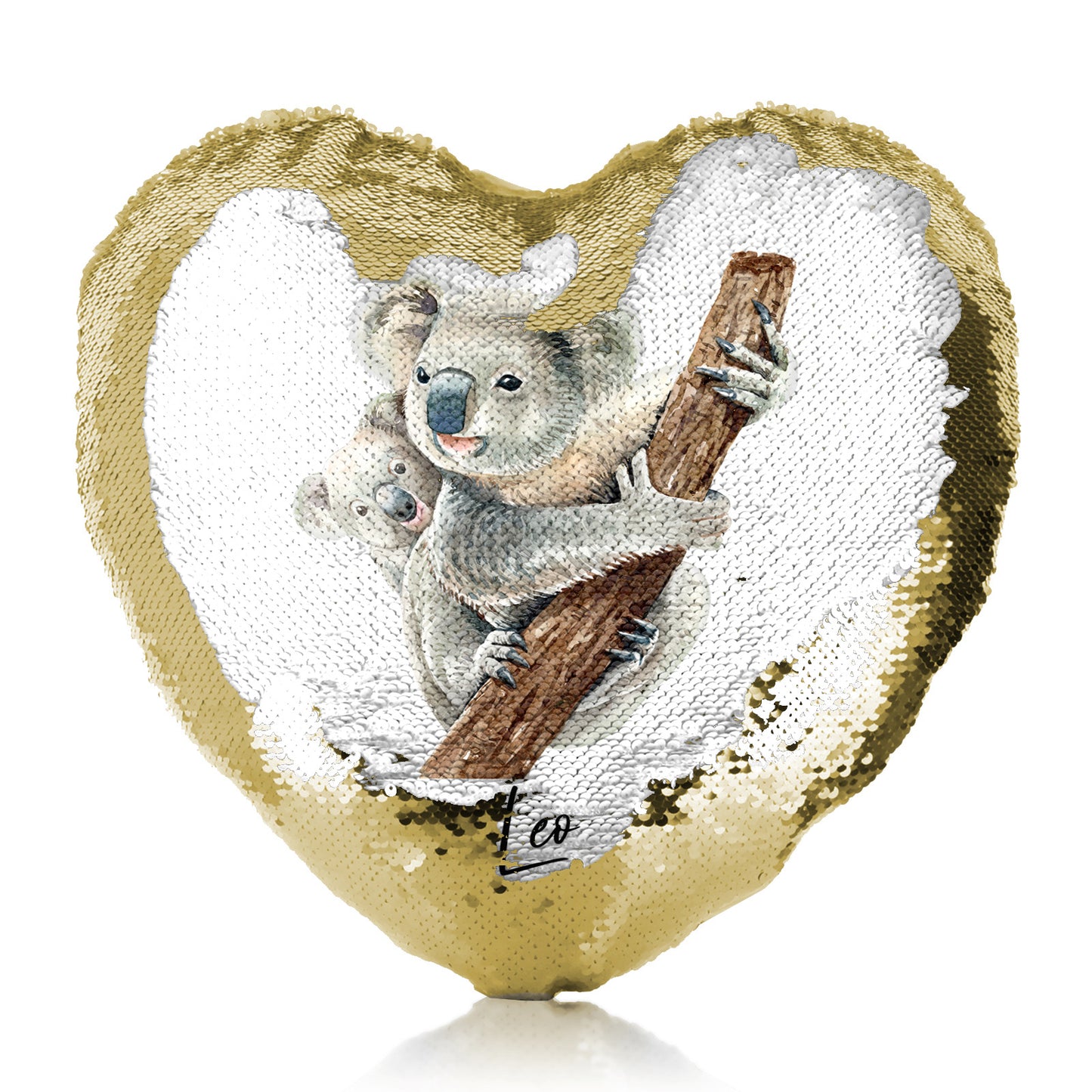 Personalisiertes Pailletten-Herzkissen mit Begrüßungstext und kletternden Mama- und Baby-Koalas