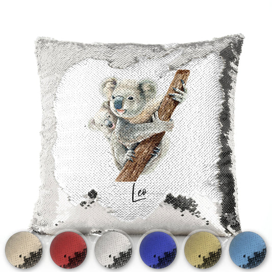 Personalised Sequin Cushion with Welcoming Text and Climbing Mum and Baby Koalas