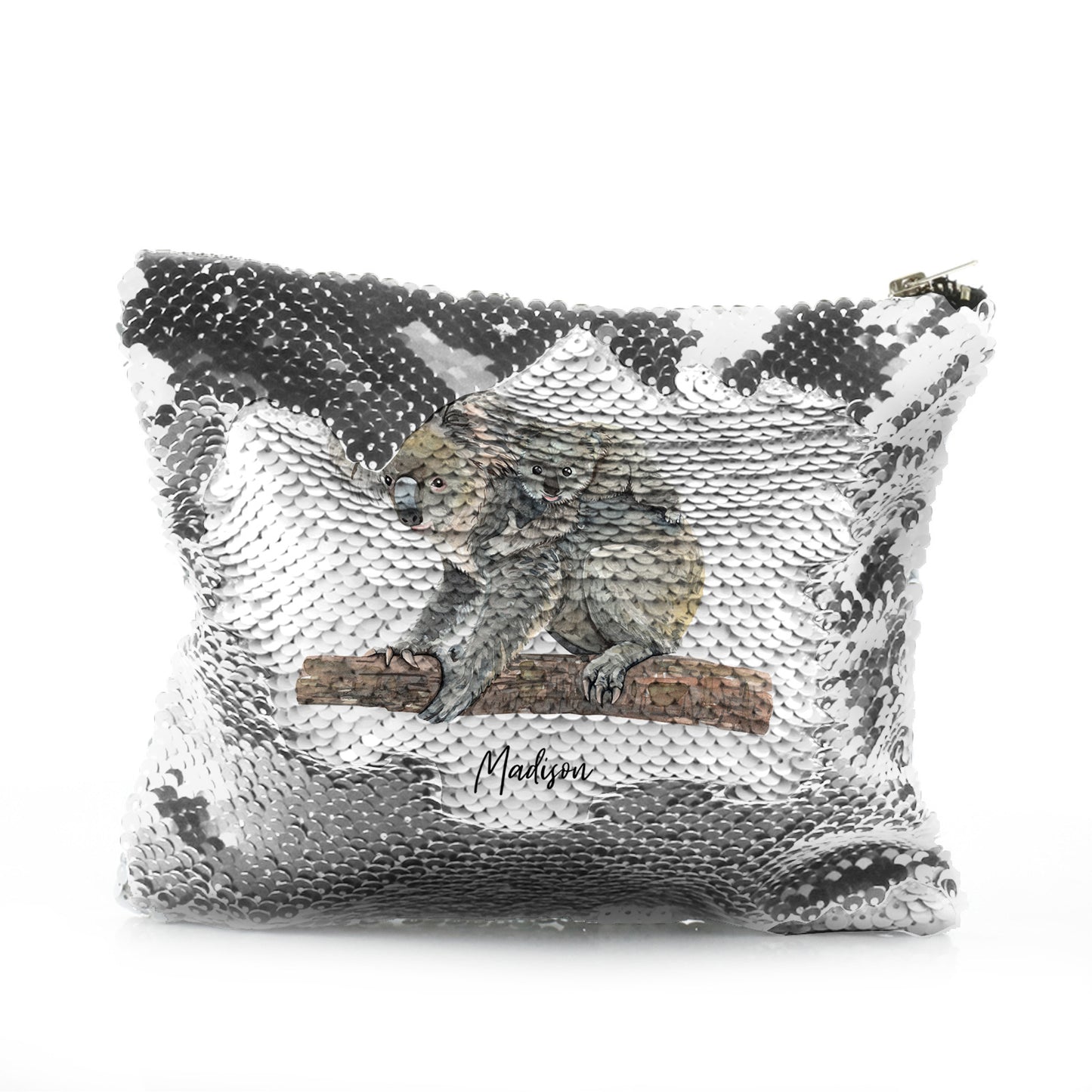 Personalised Sequin Zip Bag with Welcoming Text and Embracing Mum and Baby Koalas