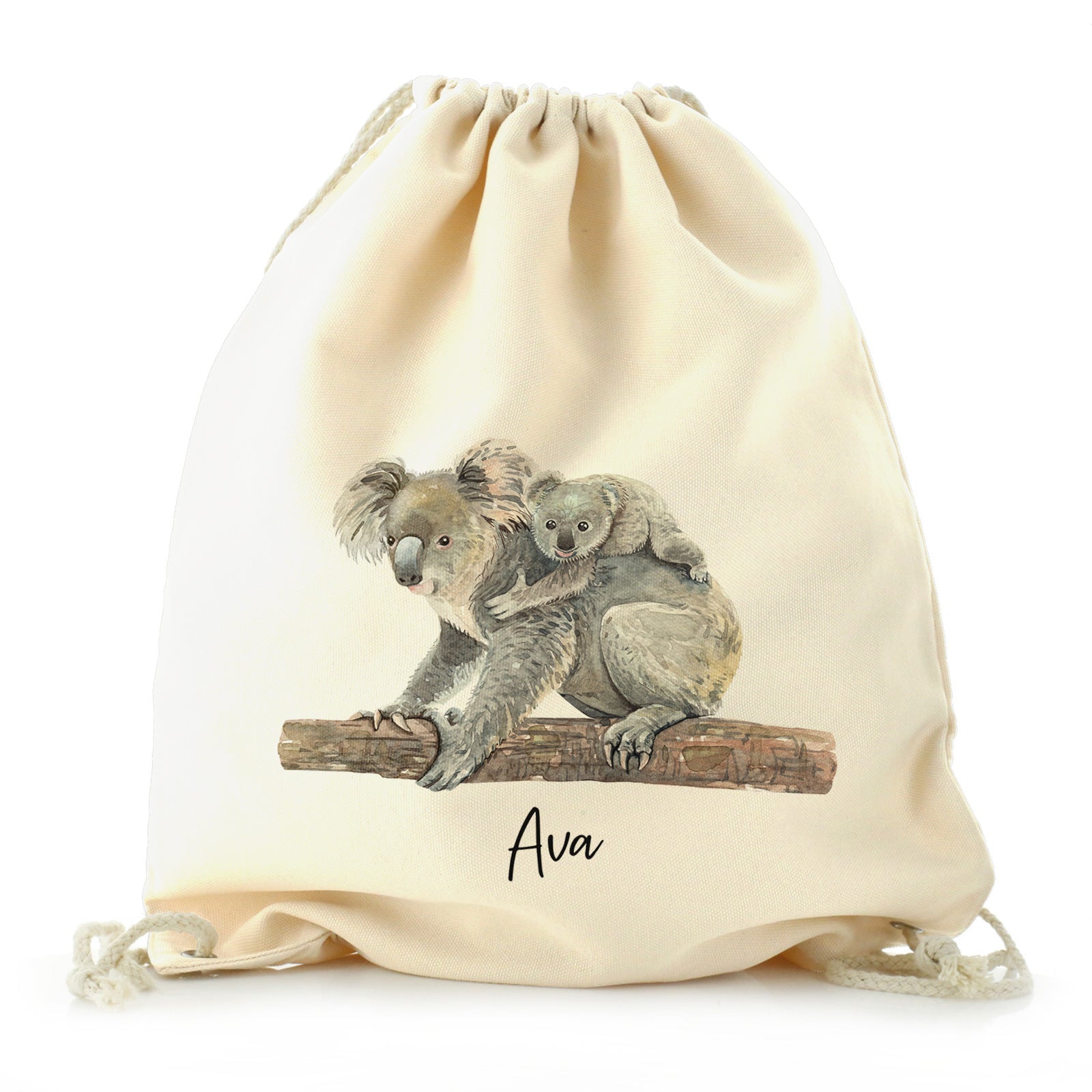 Personalised Canvas Drawstring Backpack with Welcoming Text and Embracing Mum and Baby Koalas