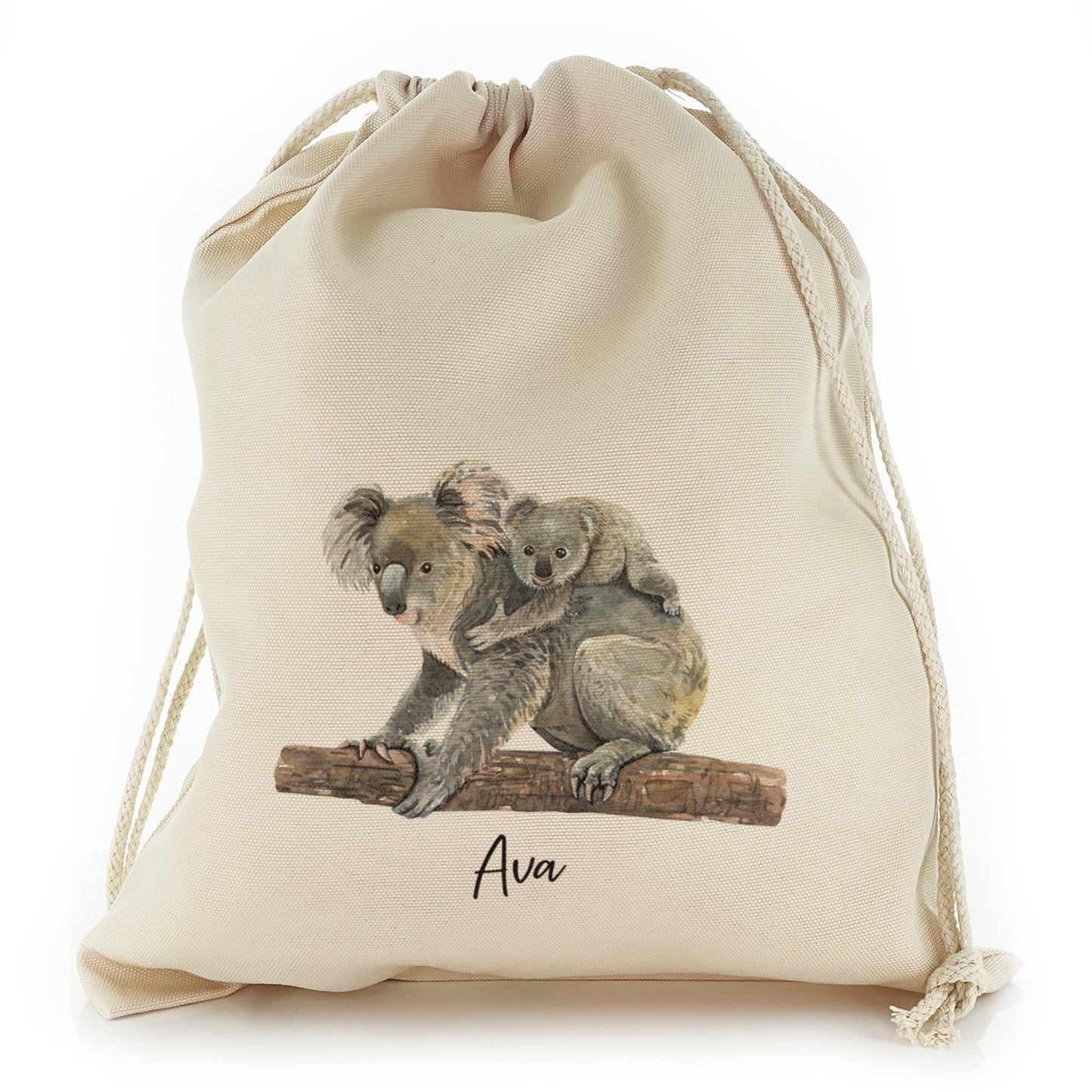 Personalised Canvas Sack with Welcoming Text and Embracing Mum and Baby Koalas