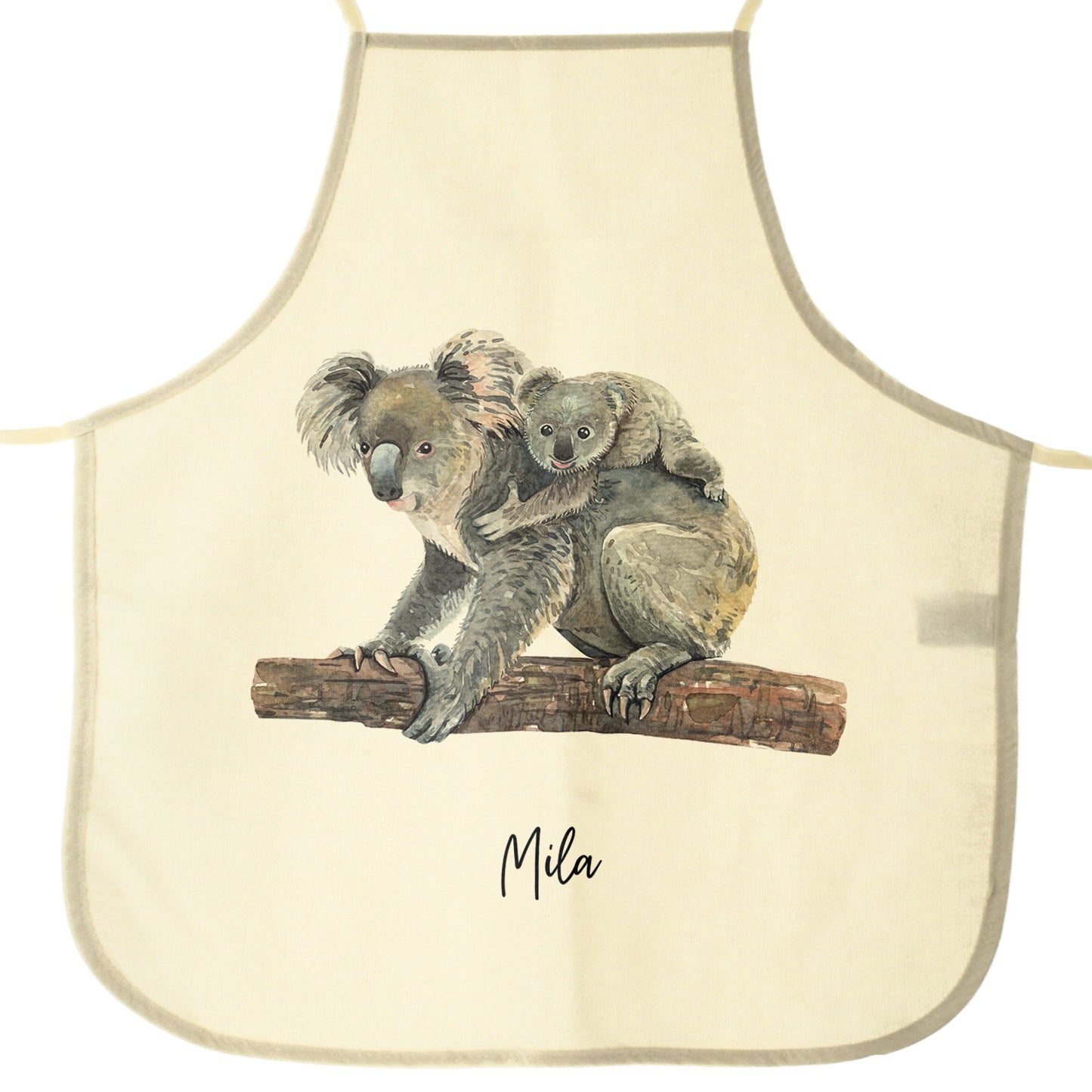 Personalisierte Schürze mit Begrüßungstext und umarmenden Mama- und Baby-Koalas