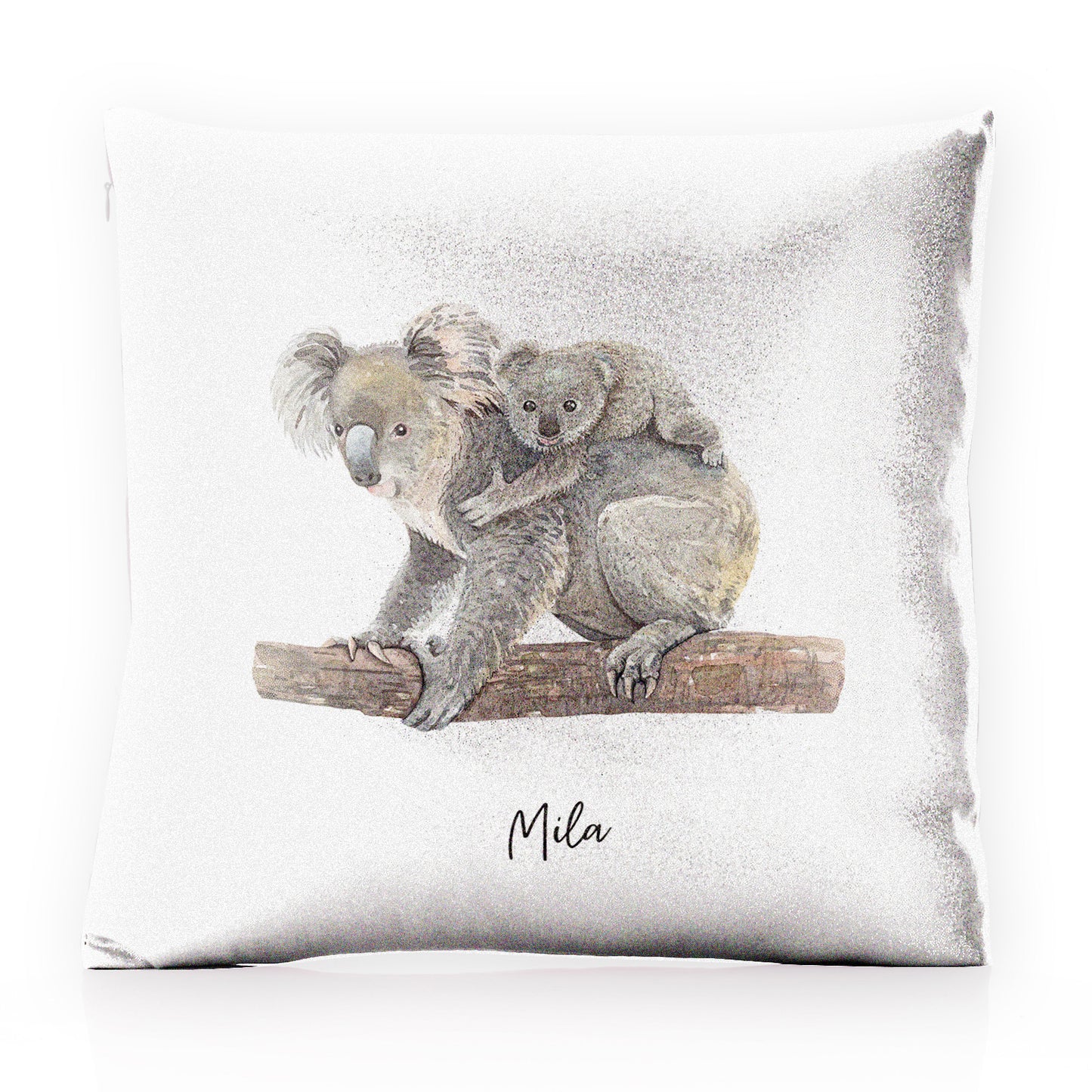 Personalised Glitter Cushion with Welcoming Text and Embracing Mum and Baby Koalas