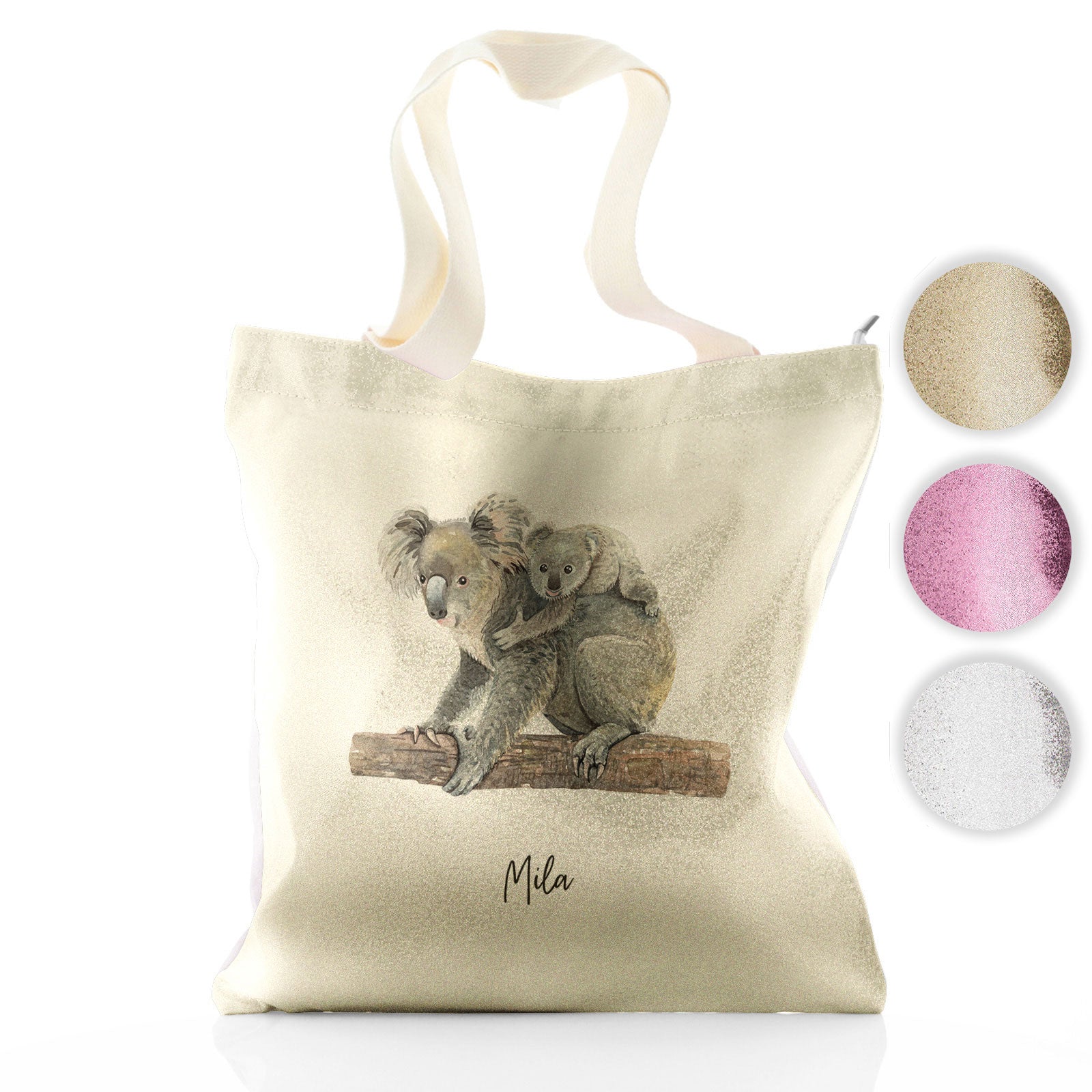 Personalised Glitter Tote Bag with Welcoming Text and Embracing Mum and Baby Koalas