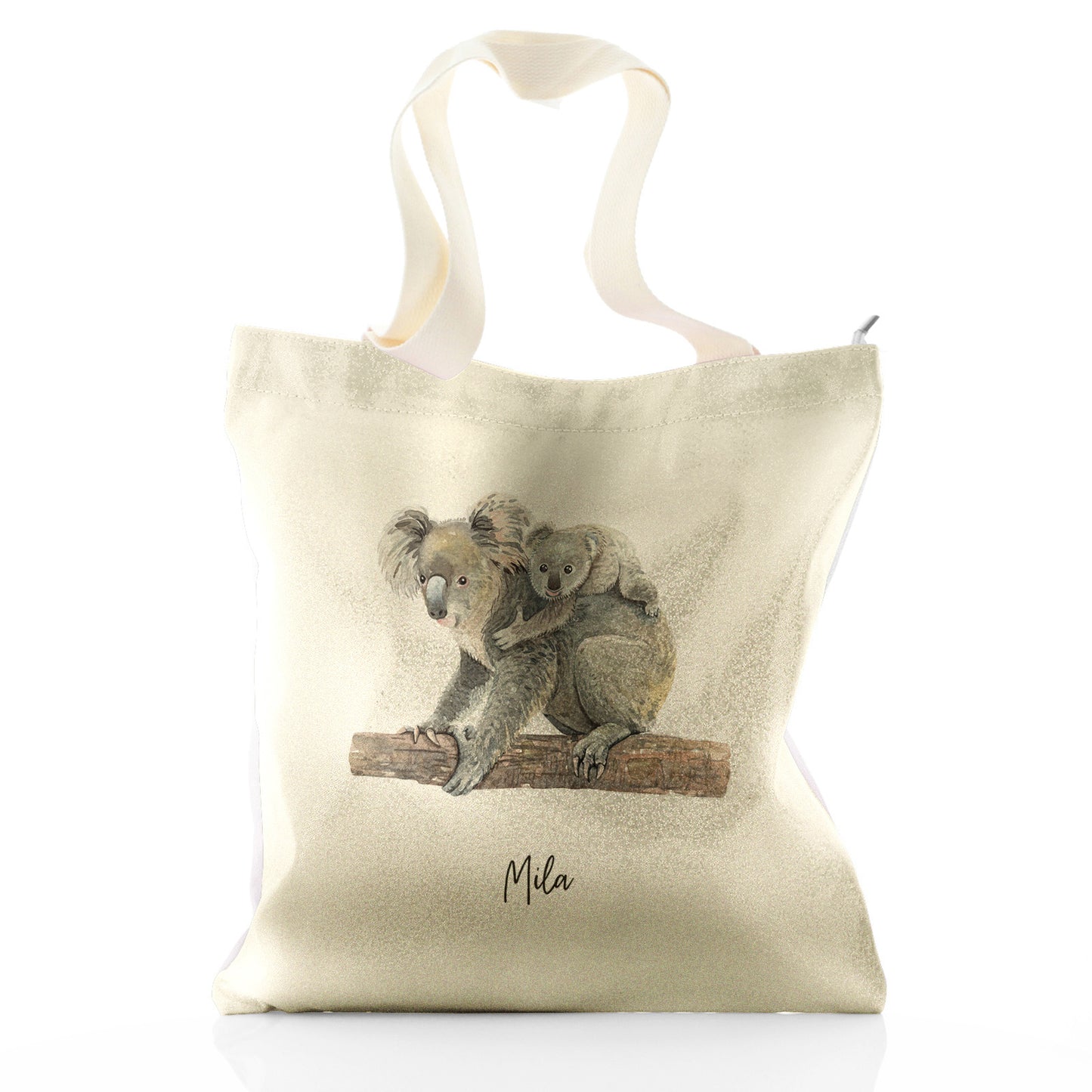 Personalisierte Glitzer-Einkaufstasche mit Willkommenstext und umarmenden Mama- und Baby-Koalas