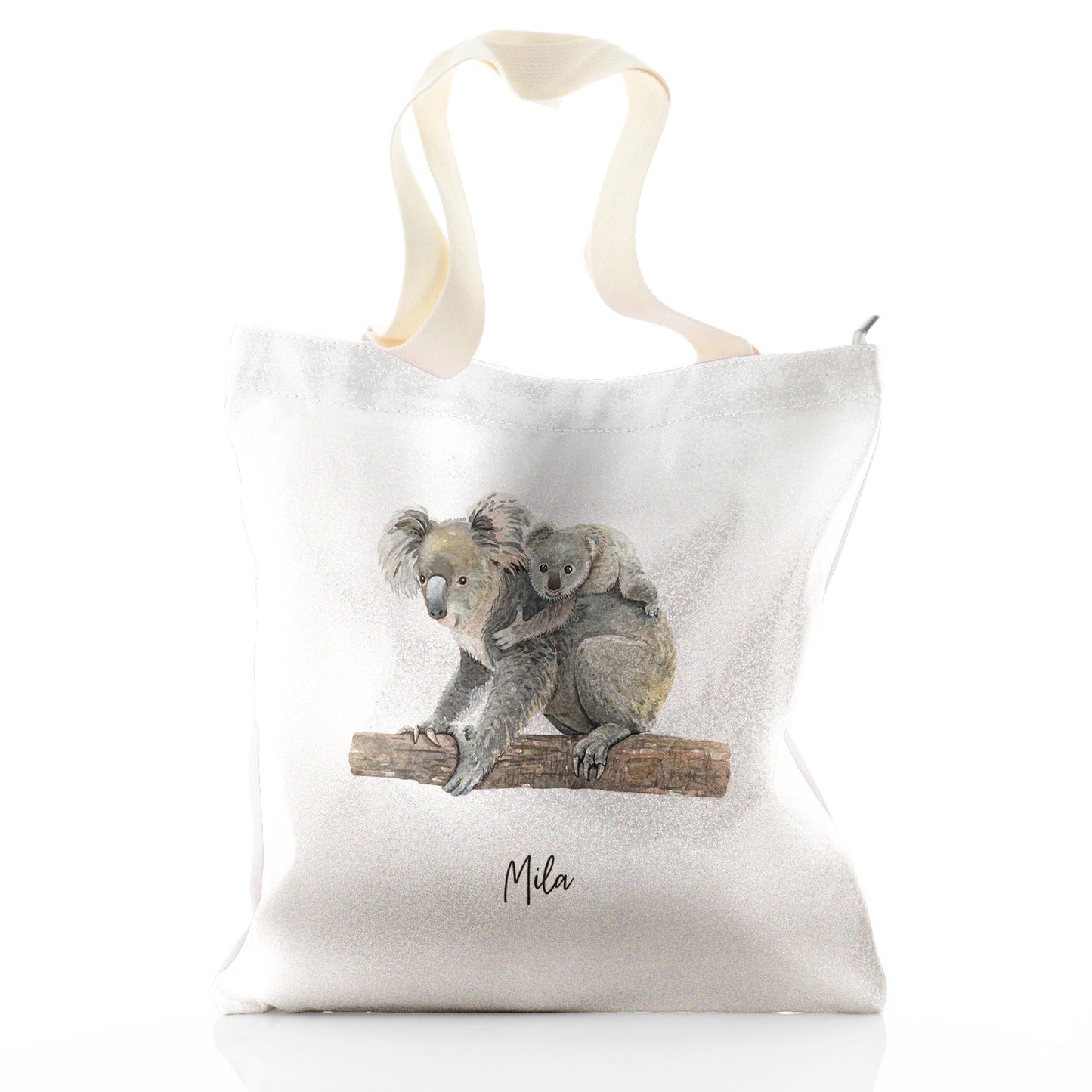 Personalisierte Glitzer-Einkaufstasche mit Willkommenstext und umarmenden Mama- und Baby-Koalas