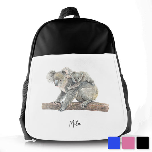 Personalised School Bag/Rucksack with Welcoming Text and Embracing Mum and Baby Koalas
