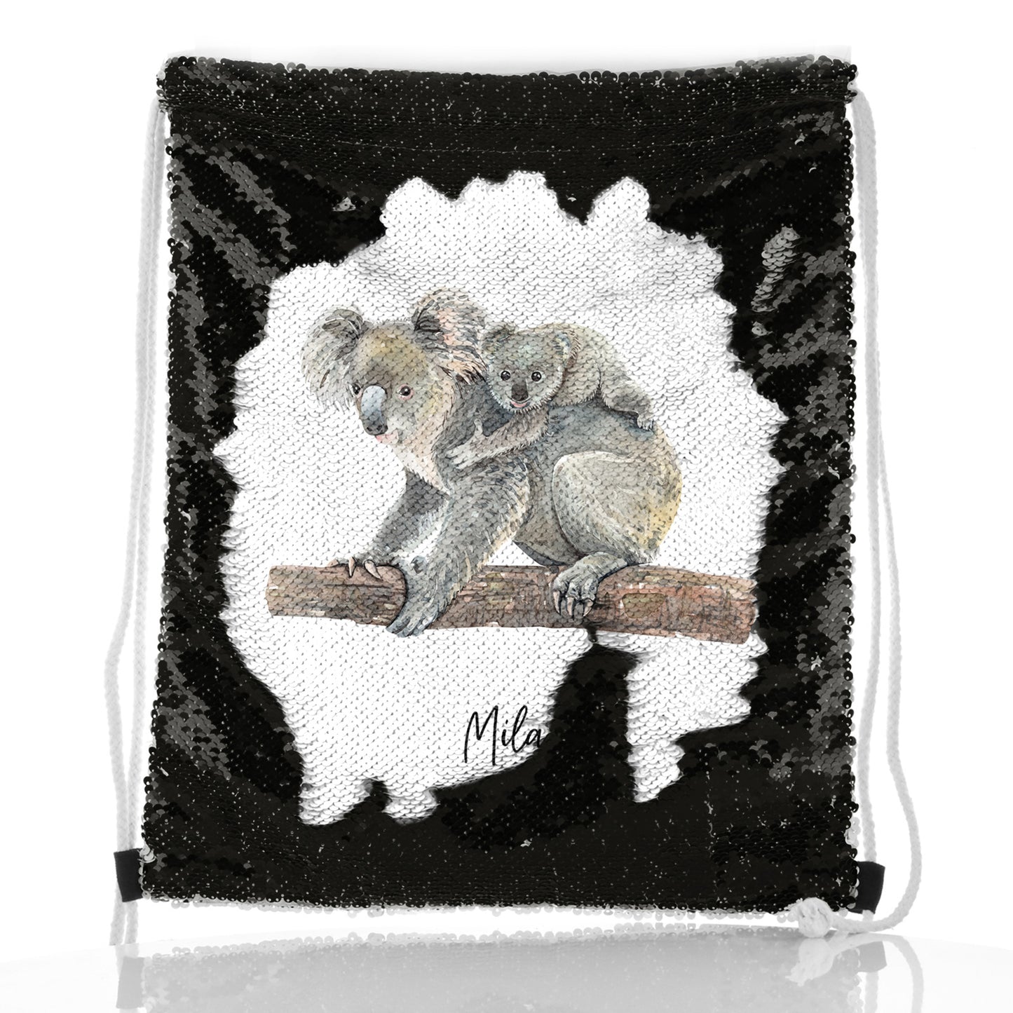 Personalisierter Pailletten-Rucksack mit Kordelzug, mit Begrüßungstext und umarmenden Mama- und Baby-Koalas