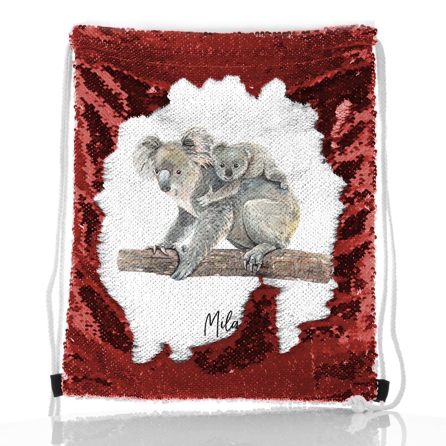 Personalisierter Pailletten-Rucksack mit Kordelzug, mit Begrüßungstext und umarmenden Mama- und Baby-Koalas