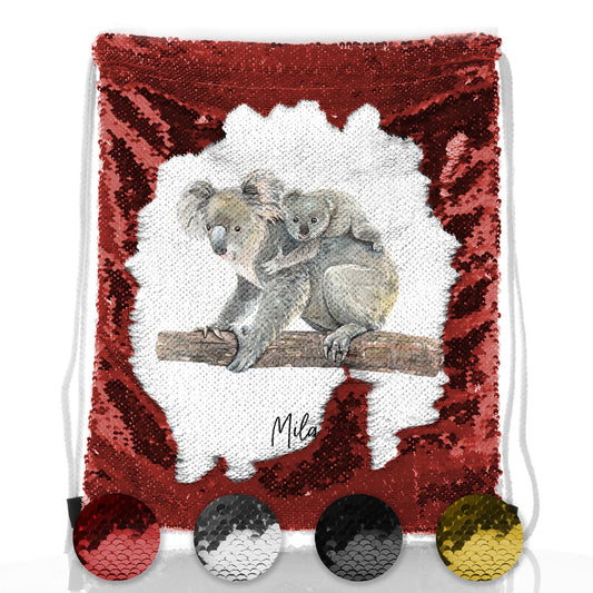 Personalised Sequin Drawstring Backpack with Welcoming Text and Embracing Mum and Baby Koalas