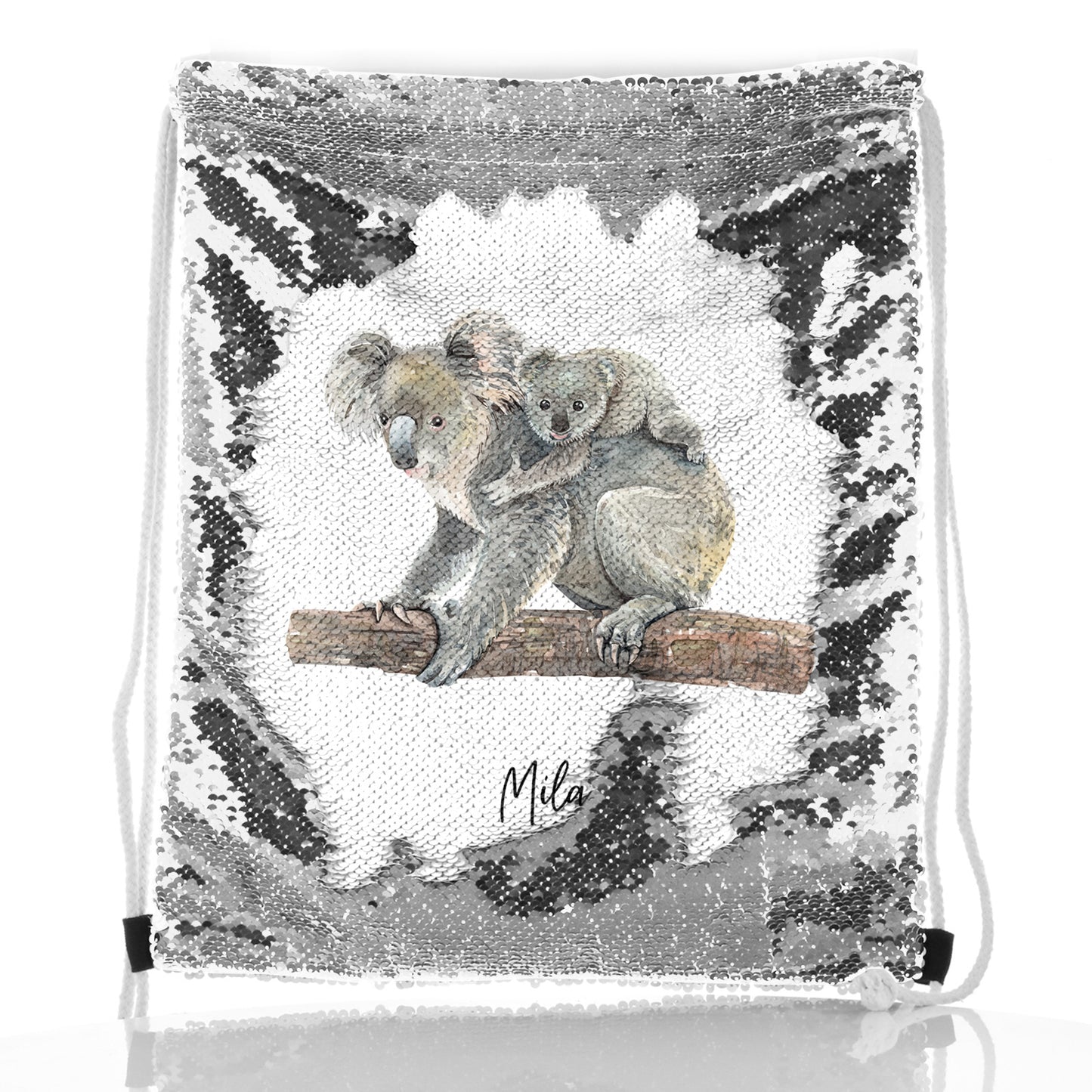 Personalised Sequin Drawstring Backpack with Welcoming Text and Embracing Mum and Baby Koalas